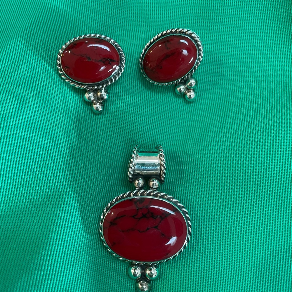 Sterling Silver Red Jasper Earrings and Pendant - Picture 1 of 2